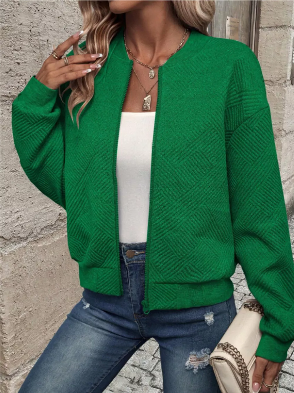 Textured Knit Zip-Up Bomber Jacket, image 9
