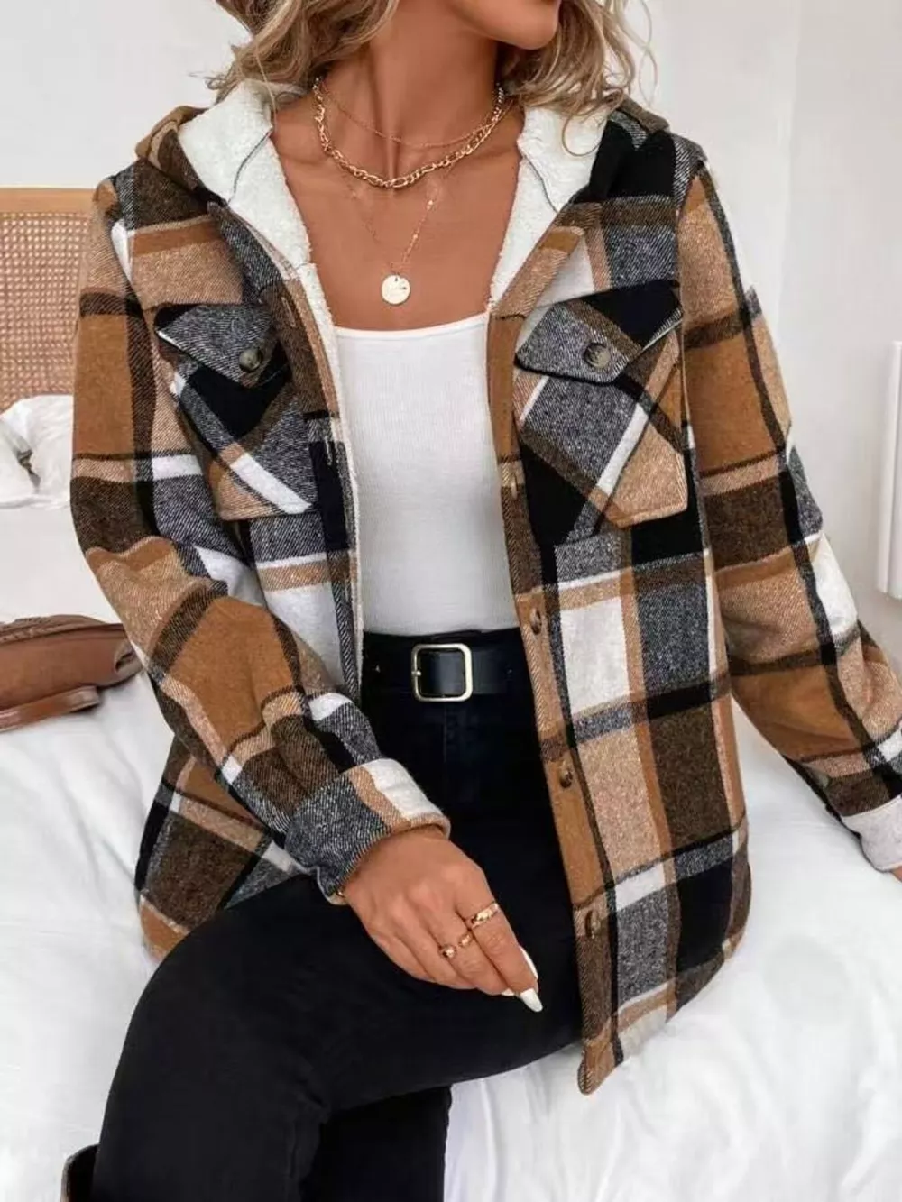 Hooded Plaid Button Up Jacket, image 3