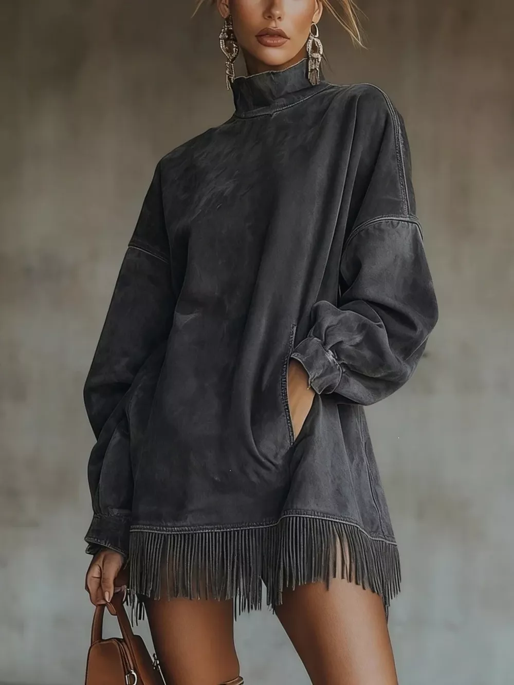Suede Mock Neck Fringed Mini Dress, image 3