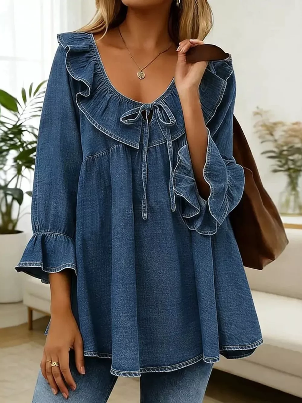 Full Size Ruffled V-Neck Denim Top with Tie-Front Detail Plus Size, image 7