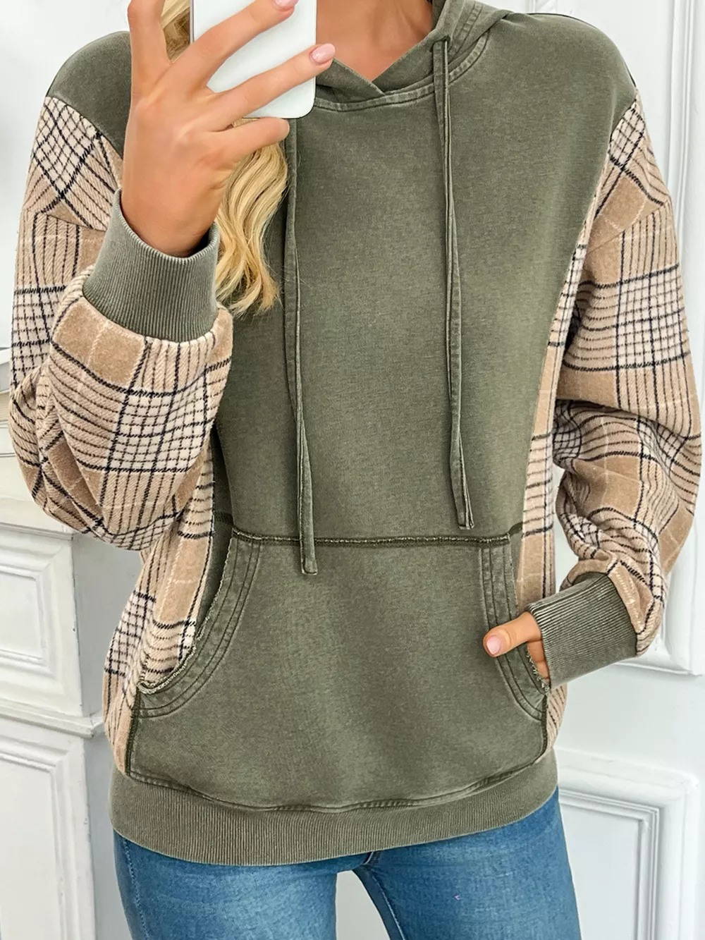 Plaid Sleeve Drawstring Pocket Hoodie, image 8