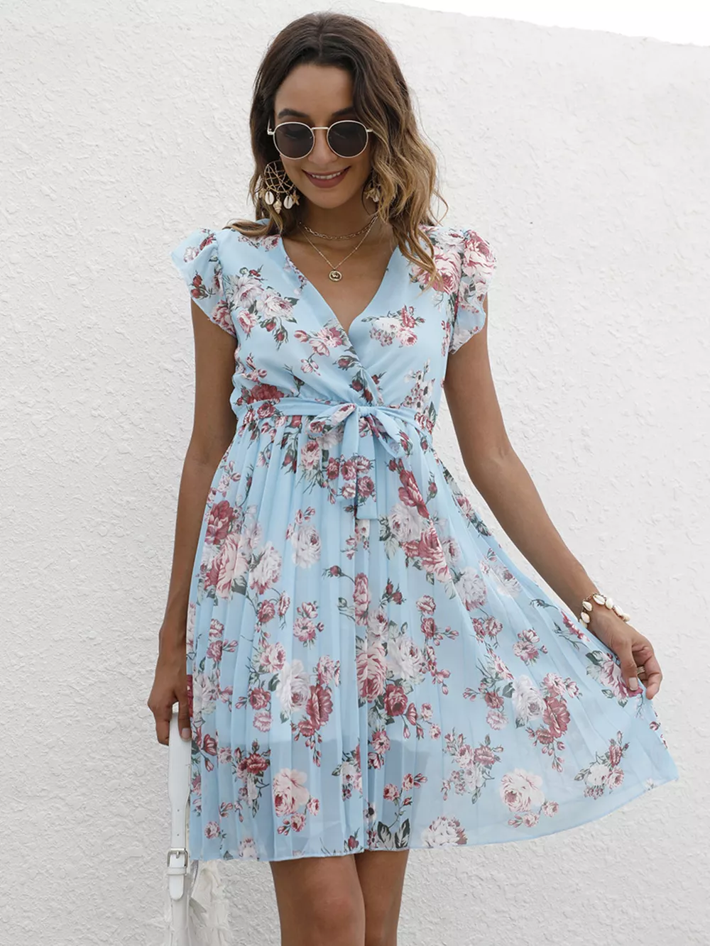 Pleated Floral Print Ruffle Sleeve Dress, image 12