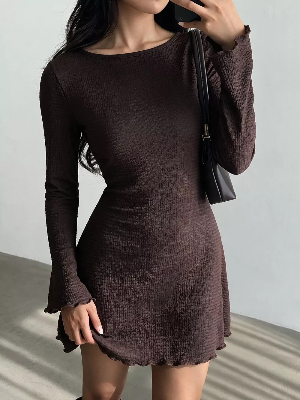 Long-Sleeve Waffle Knit Bodycon Mini Dress, image 2