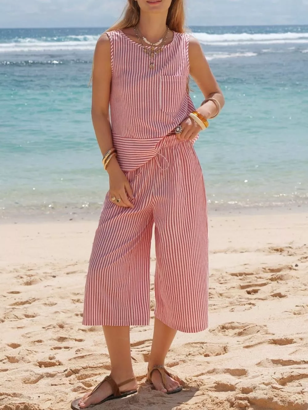 Striped Sleeveless Top and Cropped Pants Set, image 5