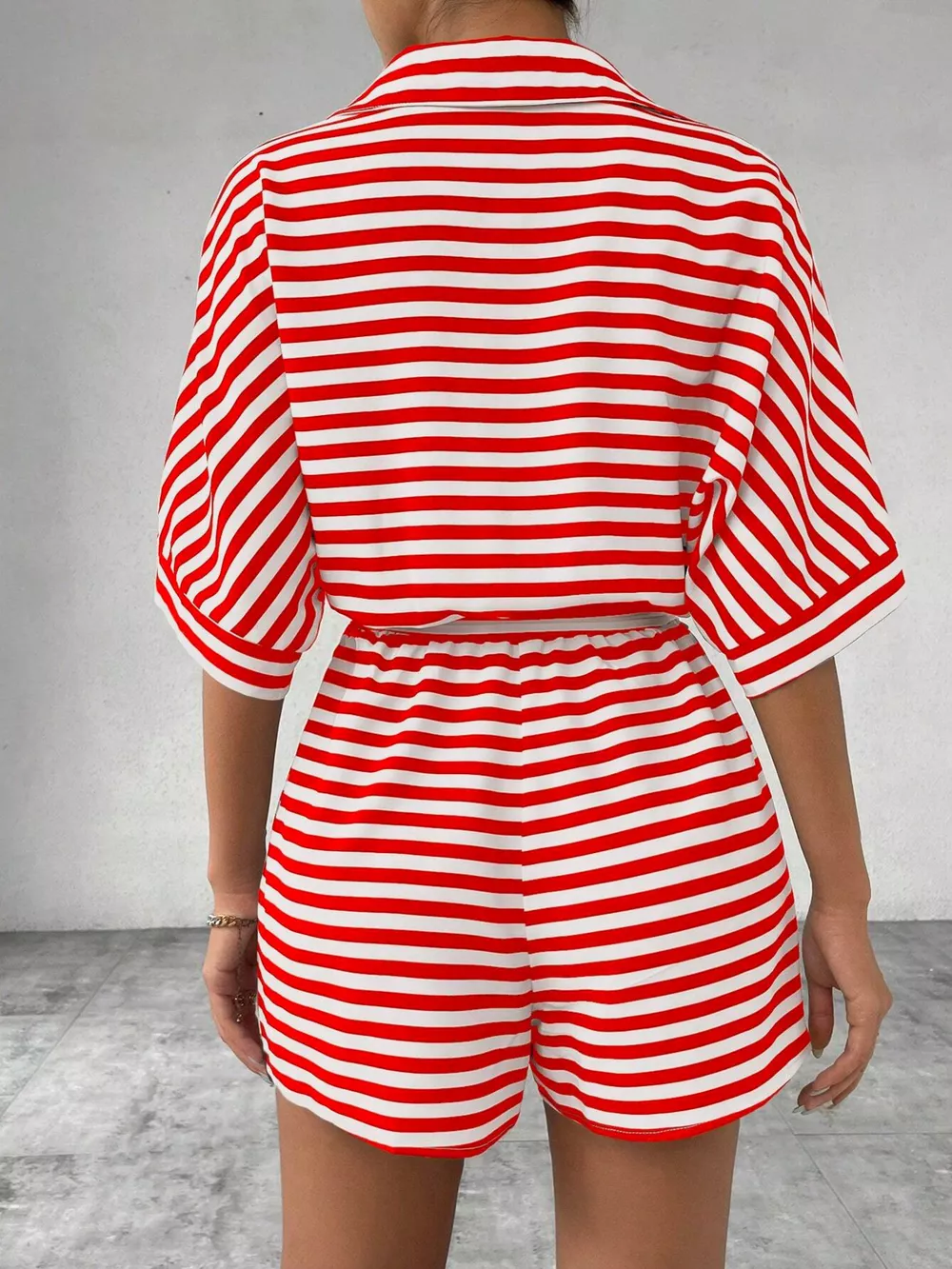 Striped Button Front Half Sleeve Romper, image 3