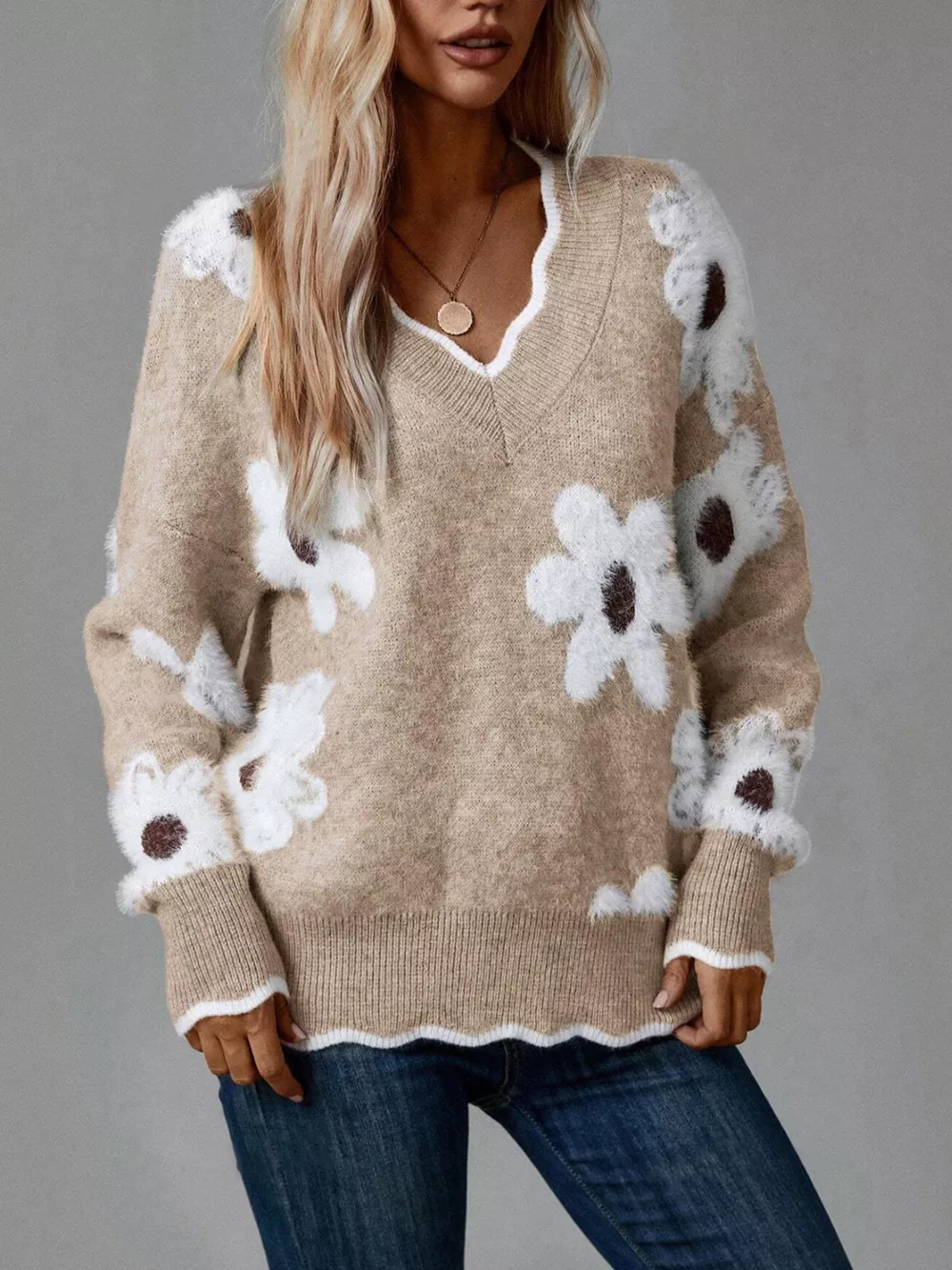 Floral V-Neck Long Sleeve Sweater, image 7
