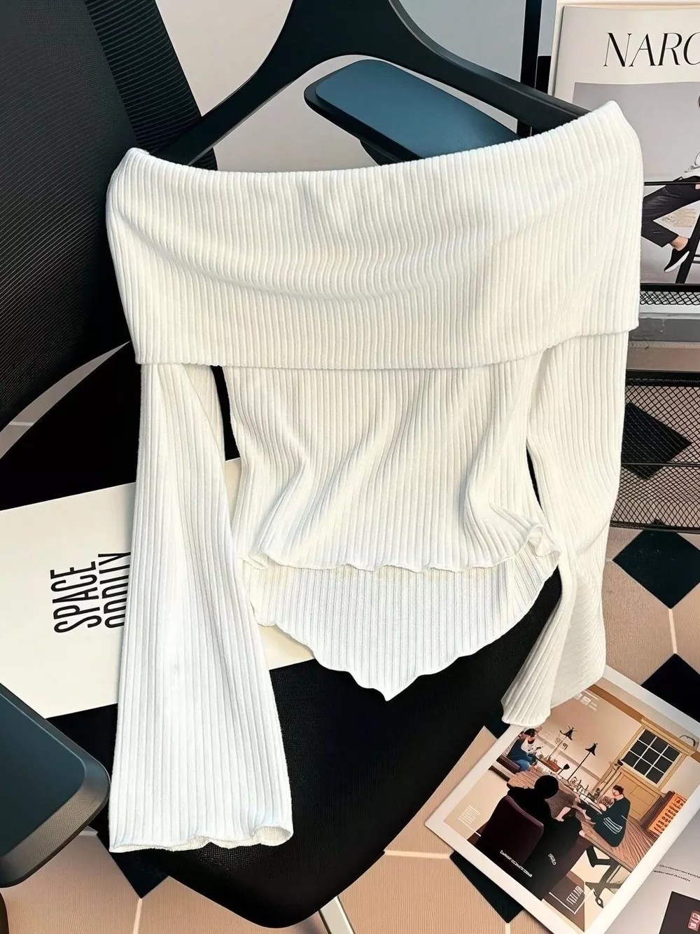 Off-Shoulder Bowknot Ribbed Knit T-Shirt, image 4