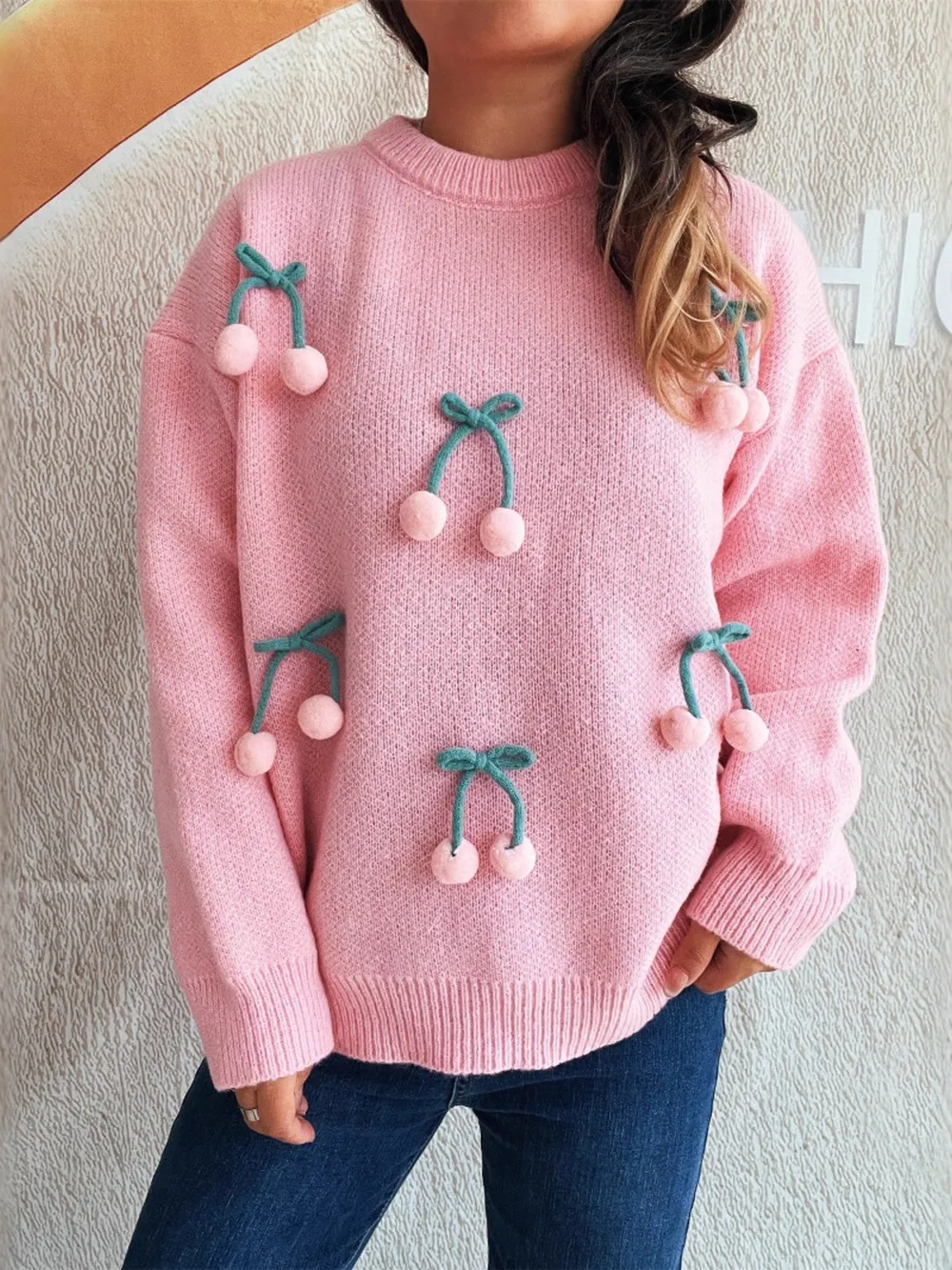 Cherry Round Neck Long Sleeve Sweater, image 11