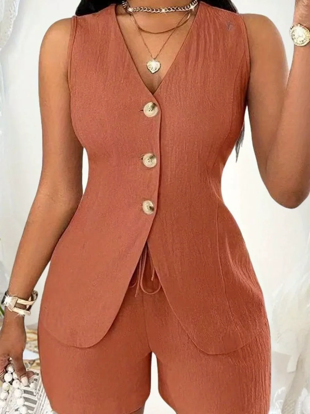 Sleeveless Button-Down Vest & Shorts Set, image 2
