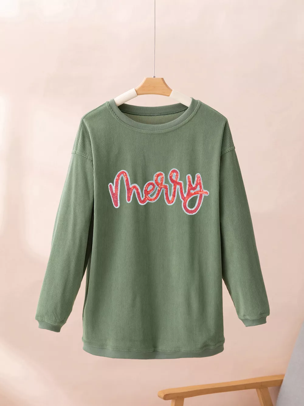 Merry Letter Christmas Sequined Twisted Ribbed Sweatshirt, image 3