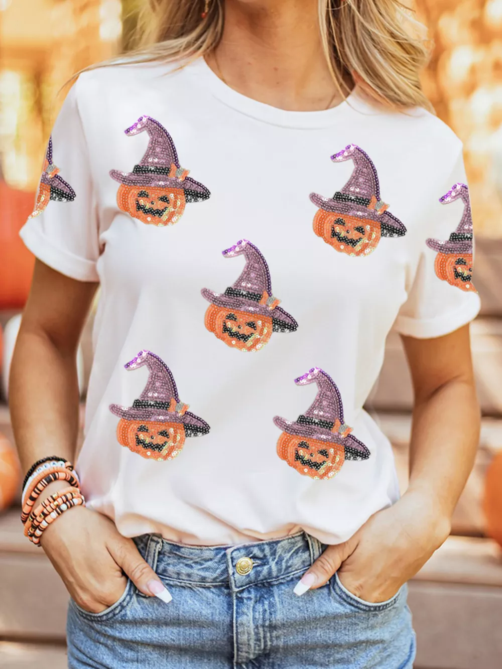 Sequin Pumpkin Witch Halloween Tee, image 3