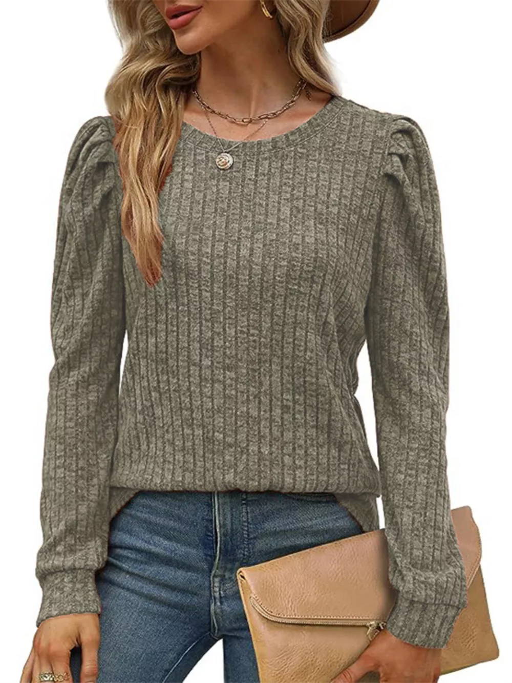 Ribbed Knit Top with Puff Sleeves, image 10