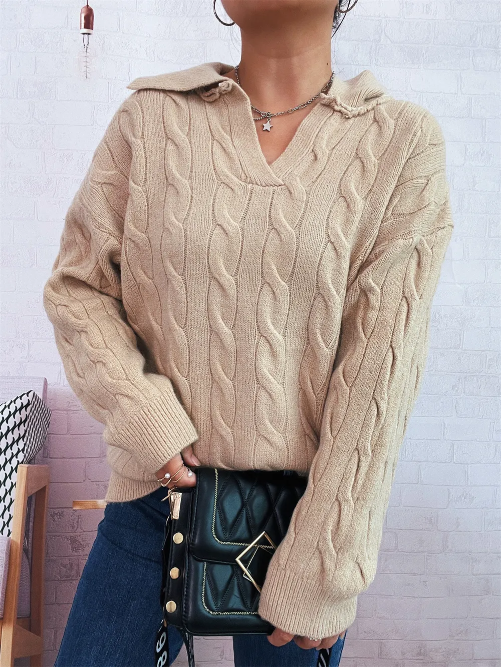 Cable Knit Johnny Collar Sweater, image 16