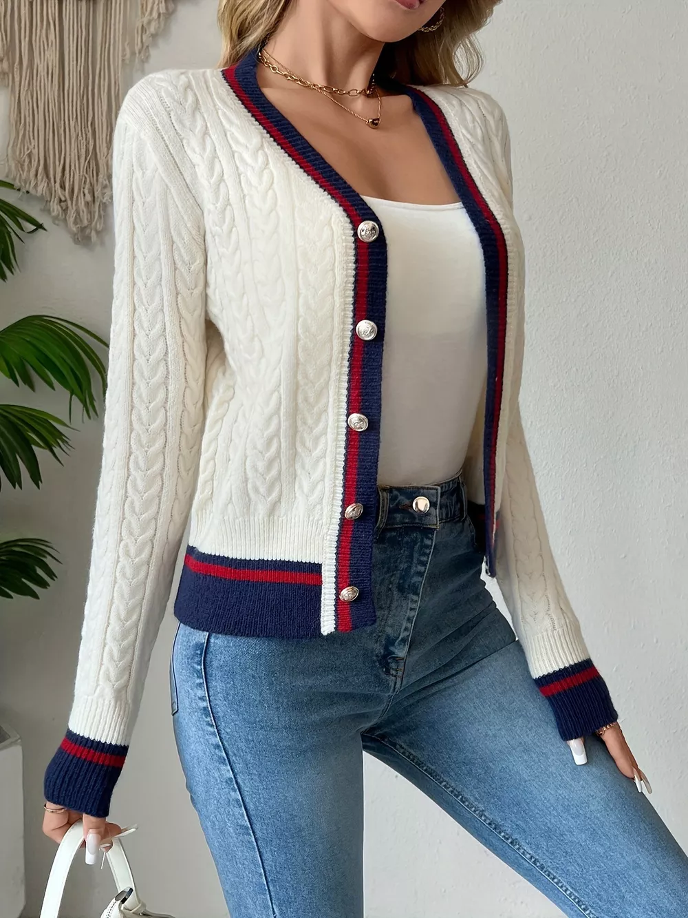 Contrast Trim Cable Knit Cardigan, image 4