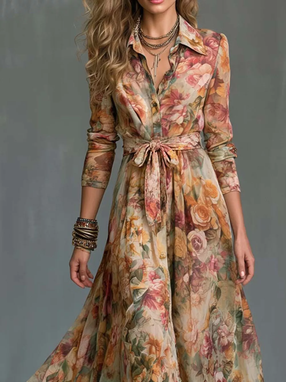 Floral Print Long Sleeve Maxi Shirt Dress, image 2