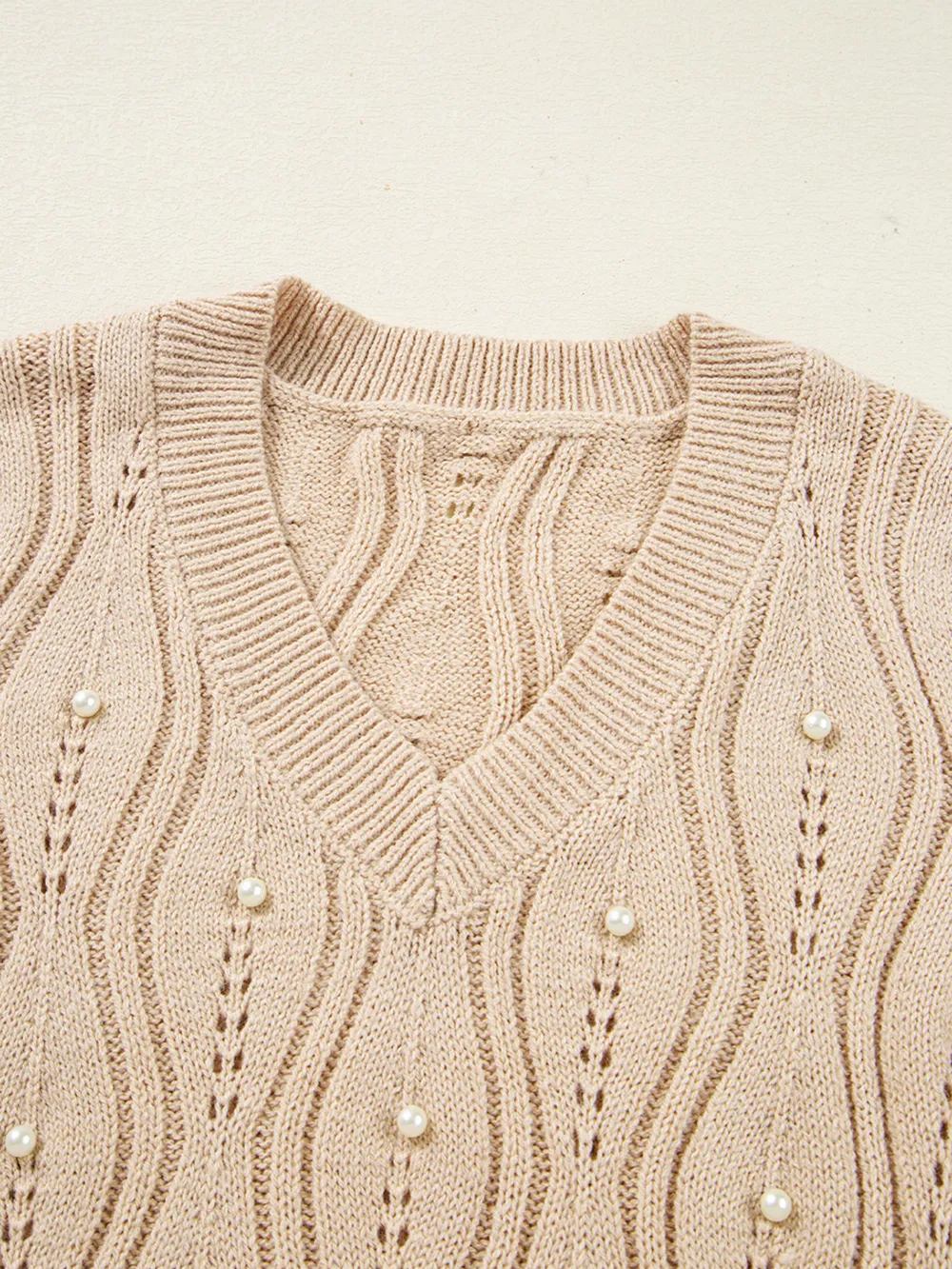 Pearl Beaded Pointelle Knit V Neck Lace Patchwork Sleeve Sweater, image 4