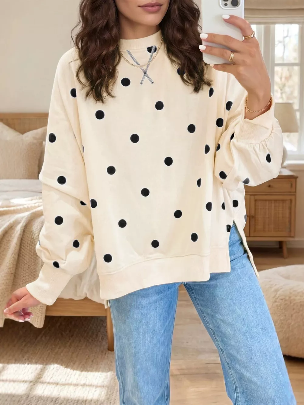 Side Slit Polka Dot Oversized Sweatshirt, image 5