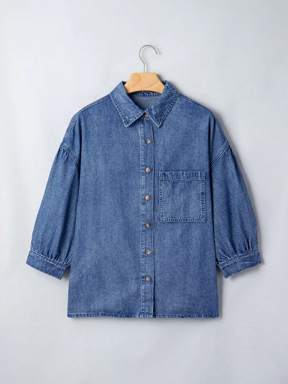 Three Quarter Sleeve Button Front Loose Denim Shirt, image 4