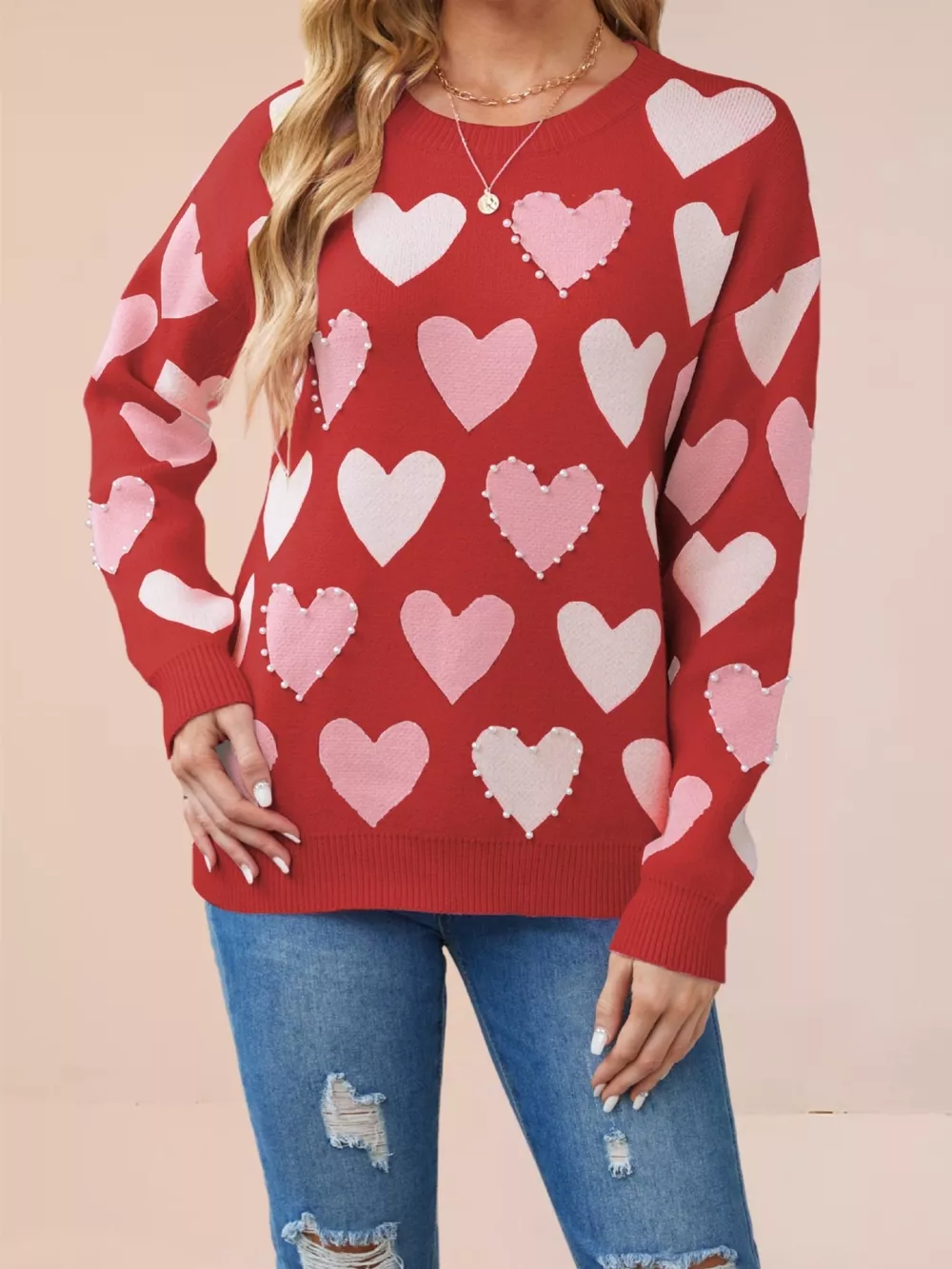Heart Pattern Pearl Embellishments Sweater, image 7