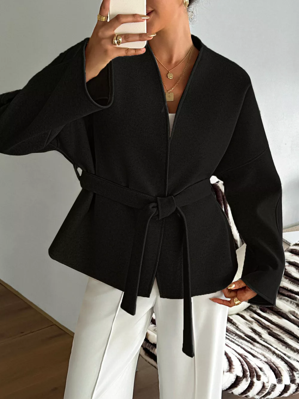 Surplice Dropped Shoulder Tie Belt Outerwear, image 9