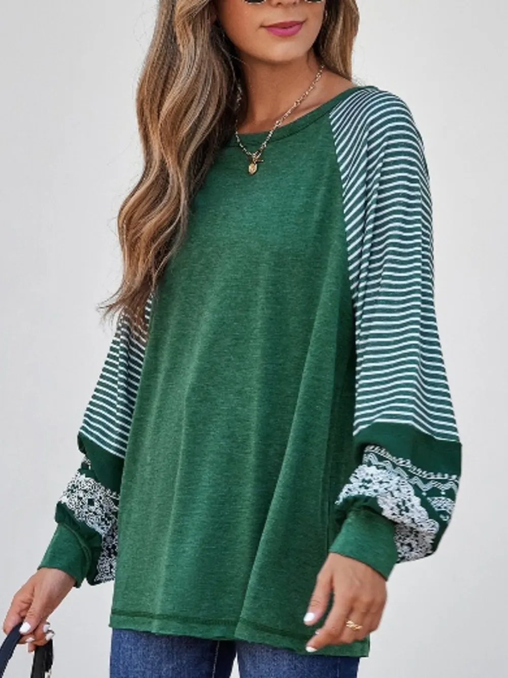 Contrast Print Striped Raglan Long Sleeve Loose Top, image 13