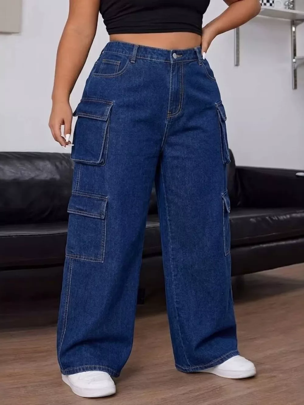Plus Size High-Waisted Wide Leg Cargo Jeans, image 6