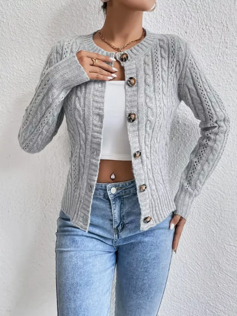 Cable Knit Button-Up Cardigan, image 8