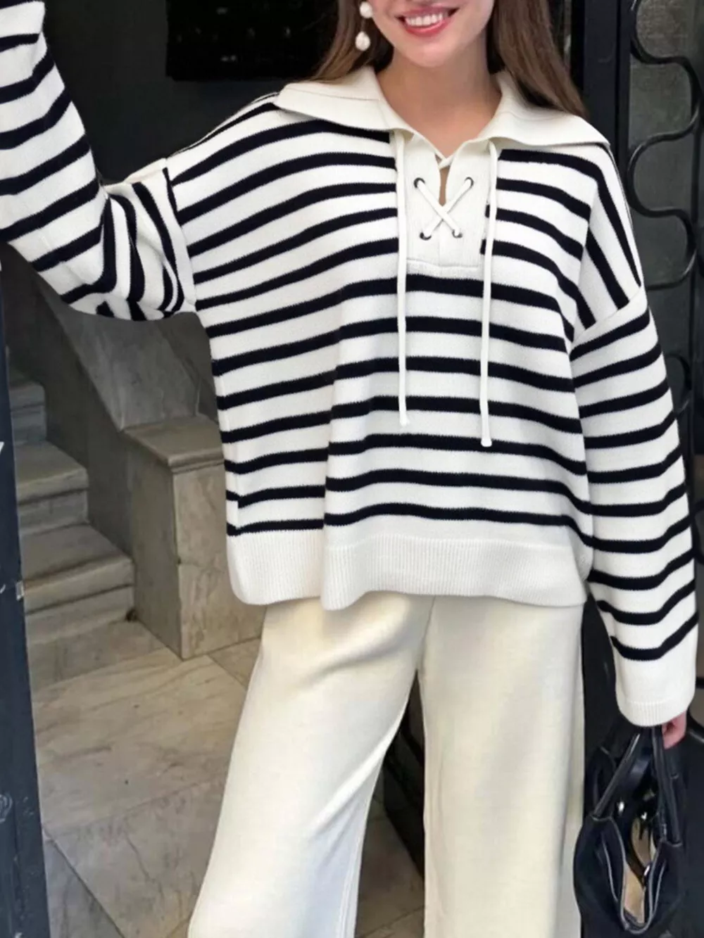 Striped Lace-Up Long Sleeve Sweater, image 3