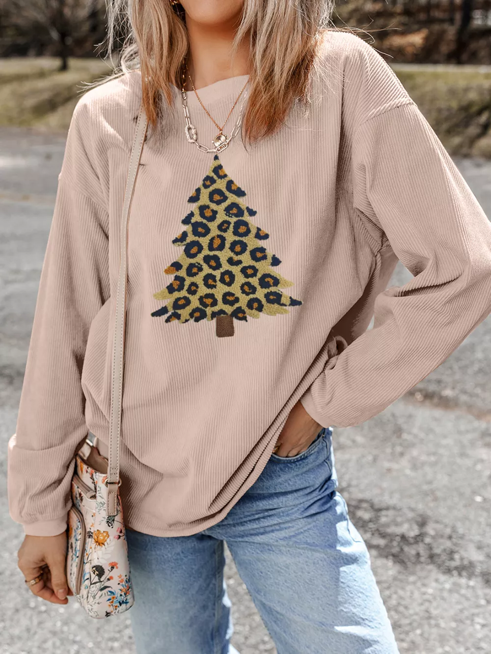 Leopard Christmas Tree Graphic Corded Sweatshirt