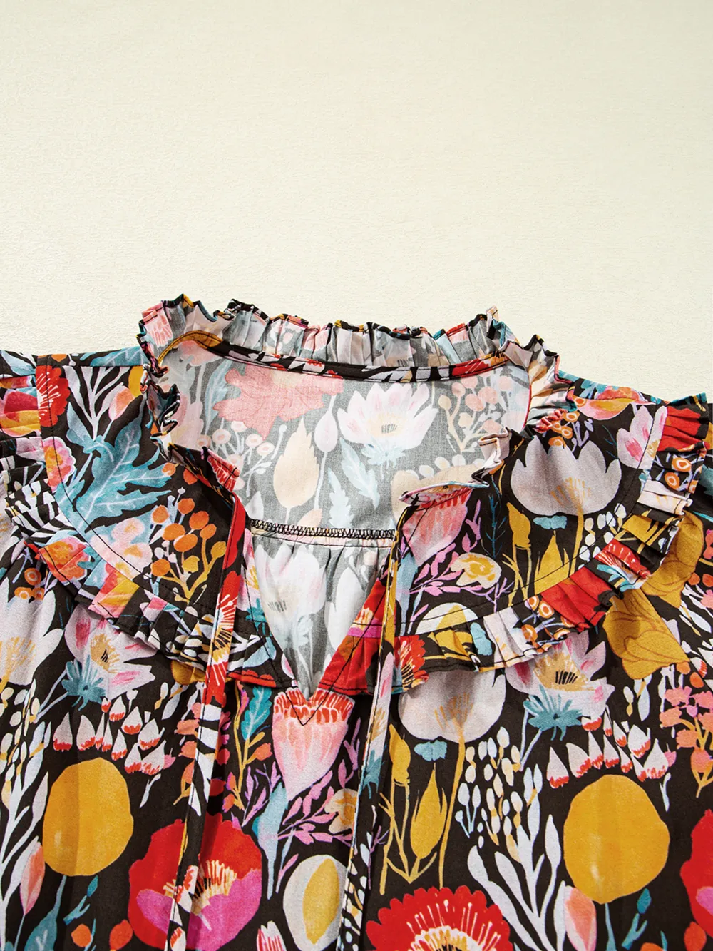 Floral 3/4 Puff Sleeve Tied Neck Blouse, image 7