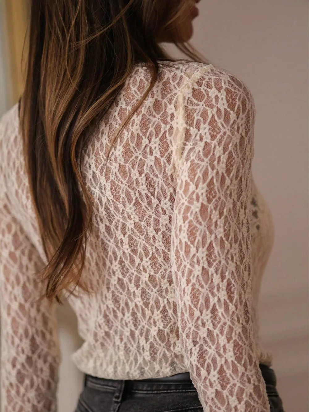 Mock Neck Sheer Lace Long Sleeve Top, image 6