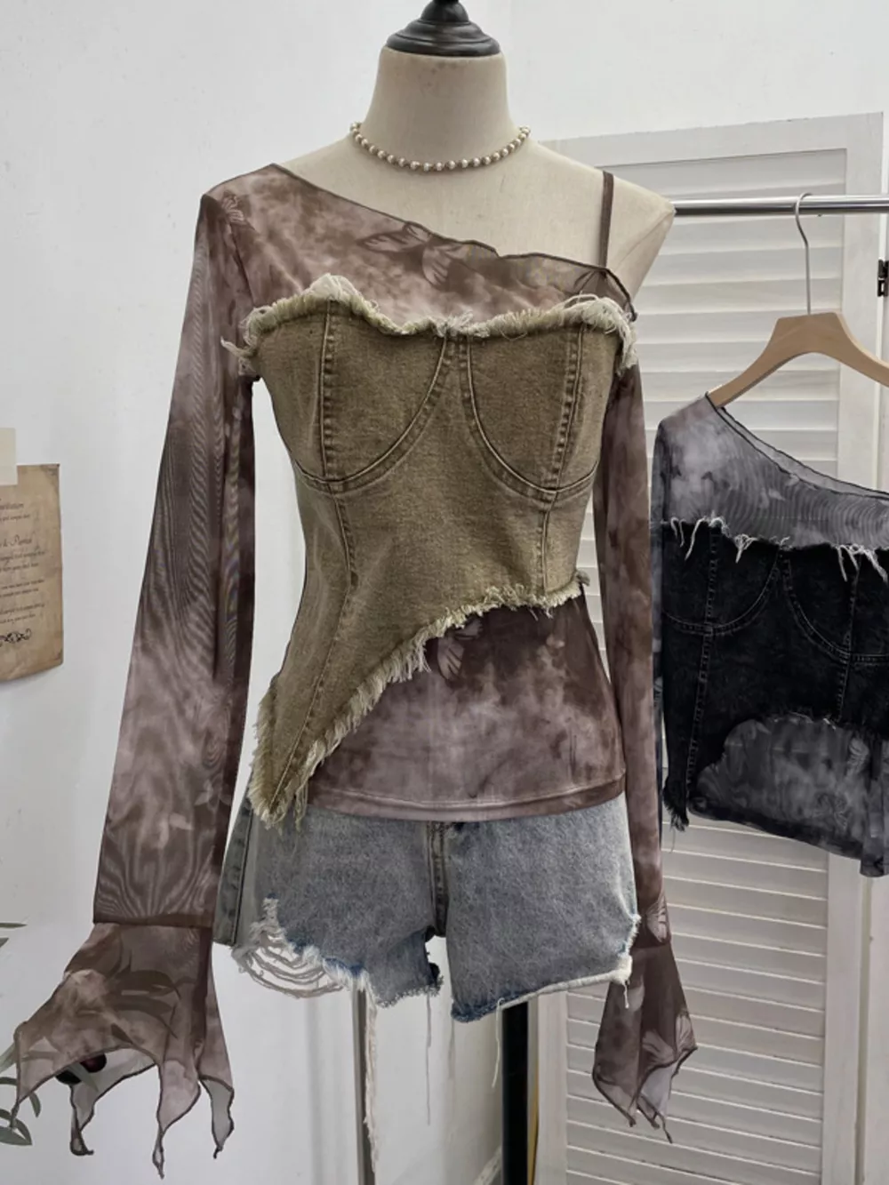 Asymmetrical Neck Denim Patchwork Top, image 6