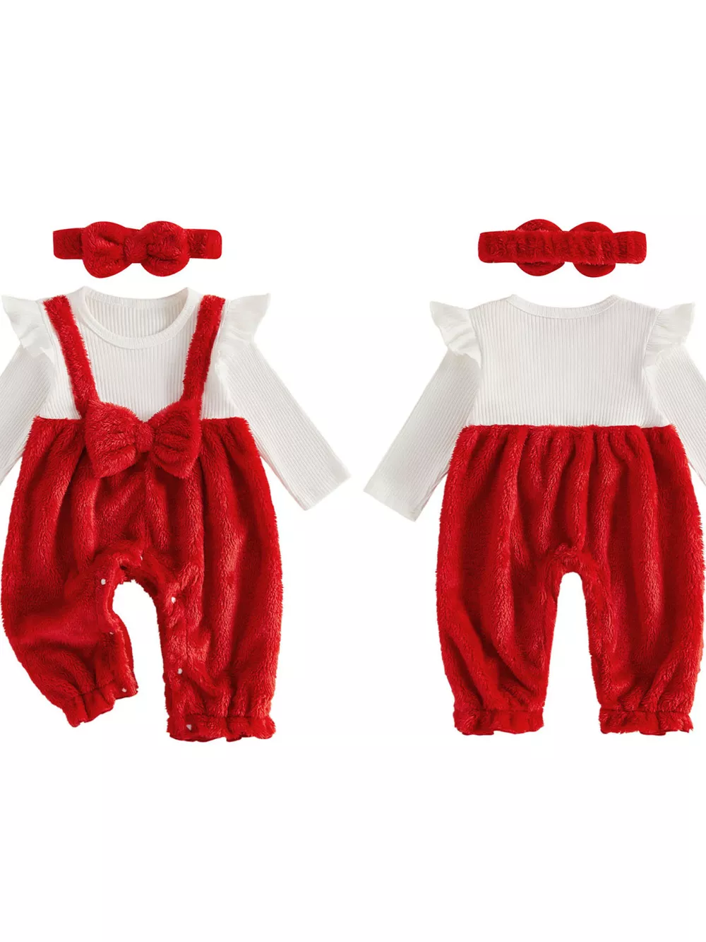 Children's Bow Fuzzy Overalls and Headband Set, image 3