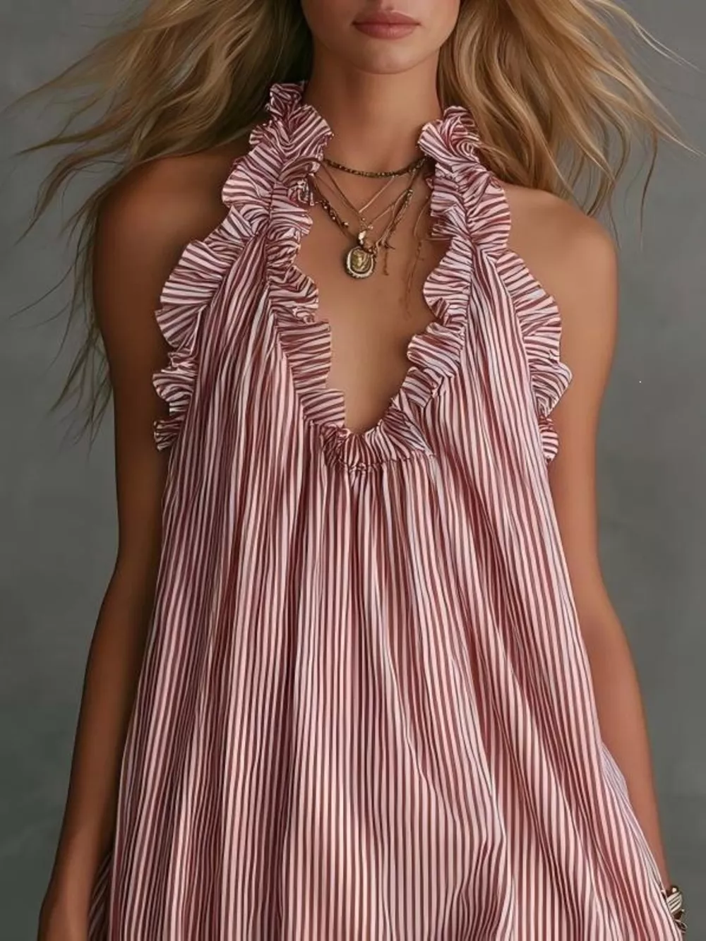 Full Size Ruffled Trim Halter Neck Mini Dress Plus Size, image 2