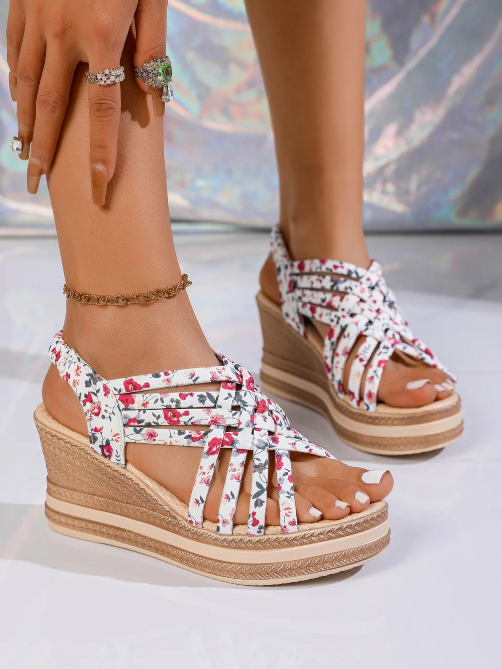 Open Toe Floral Print Strappy Platform Wedge Sandals, image 4