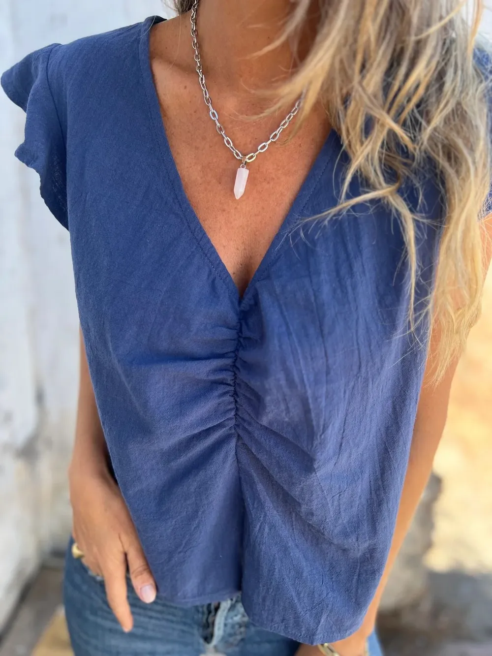 Full Size Ruched V-Neck Cap Sleeve Blouse Plus Size, image 4