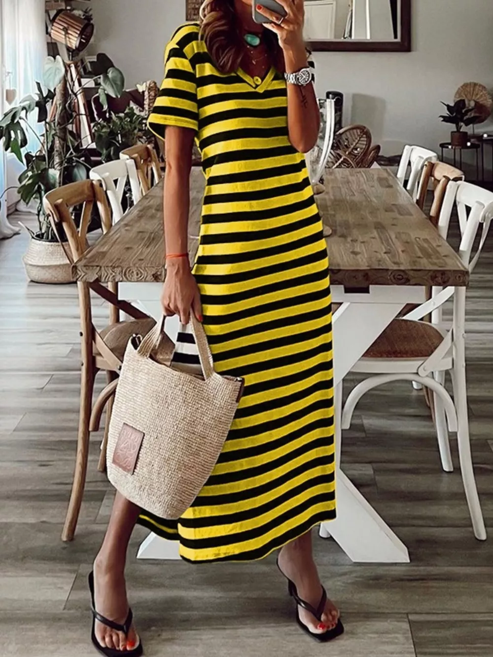 Full Size Striped V-Neck Midi Dress with Side Slit Plus Size, image 5