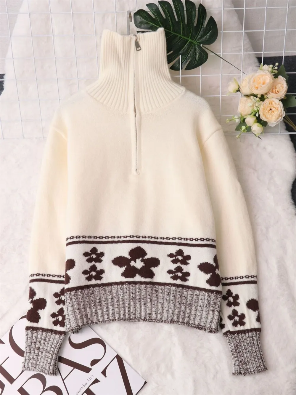Flower Zip Collar Long Sleeve Sweater, image 9