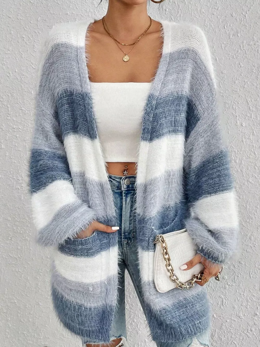 Striped Open Front Oversized Cardigan, image 2
