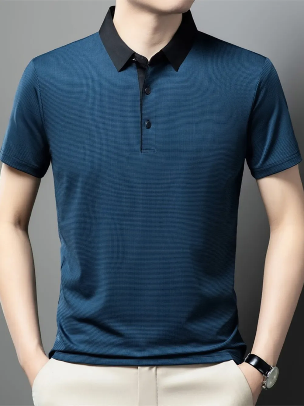 Men's Plus Size Contrast Collar Breathable Polo, image 4