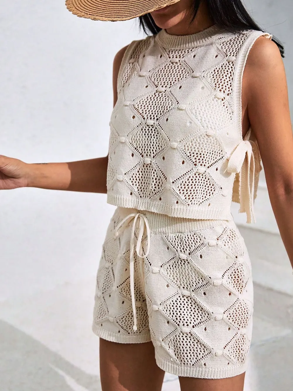 Diamond Pattern Sleeveless Top and Shorts Knit Set, image 6