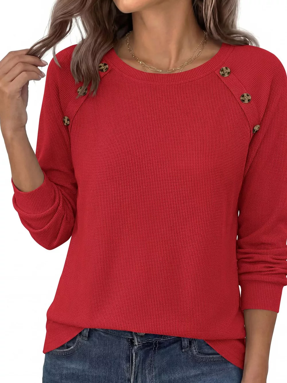 Decorative Button Waffle Knit Long Sleeve T-Shirt, image 20