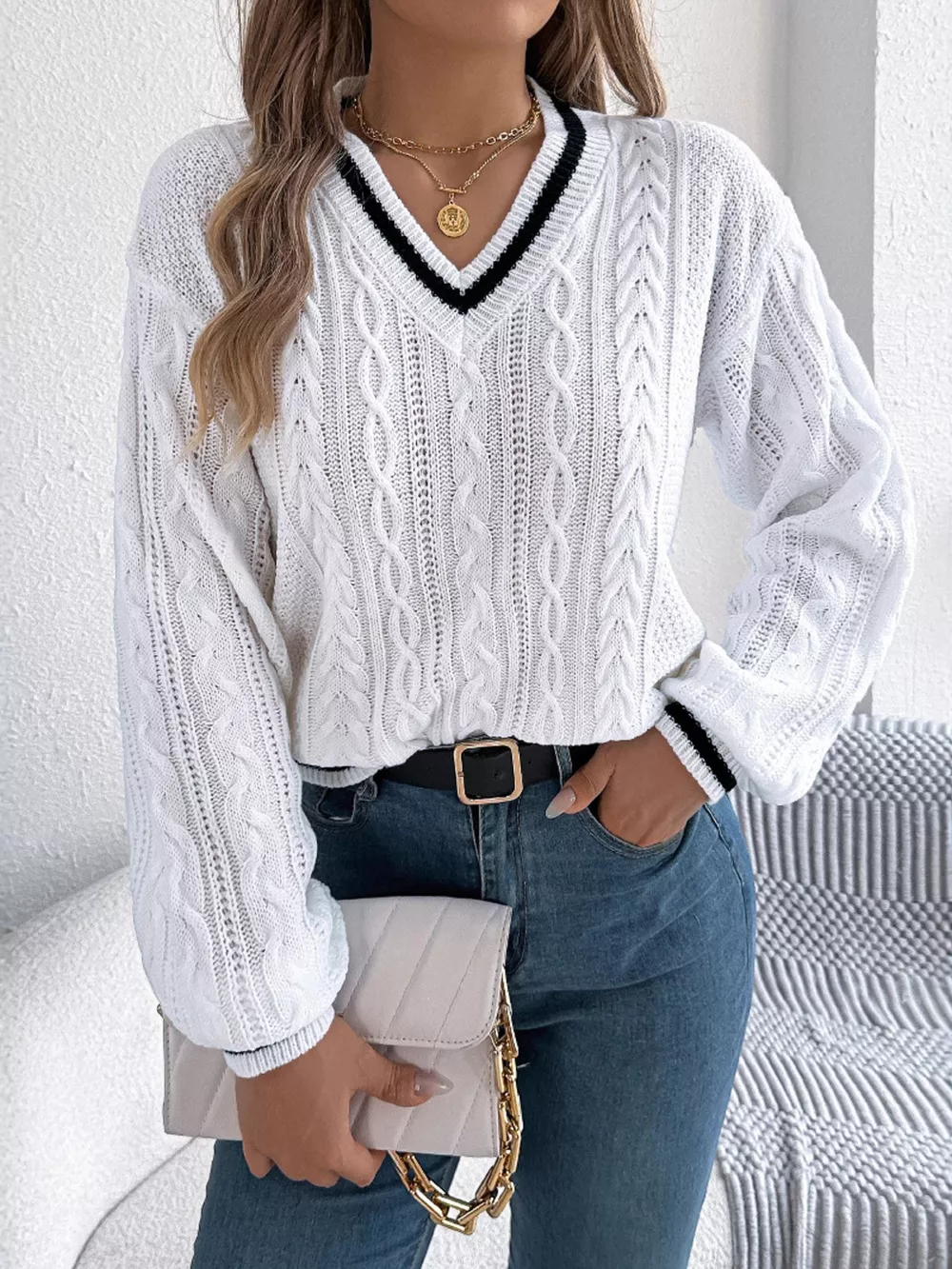 V-Neck Cable Knit Sweater with Striped Trim, image 11