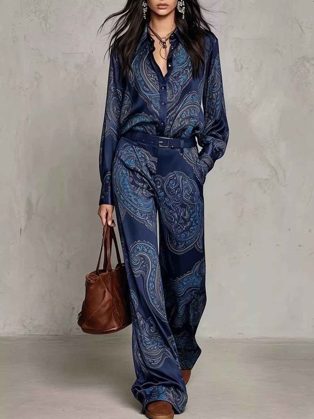 Paisley Print Long Sleeve Shirt and Wide-Leg Pants Set, image 9