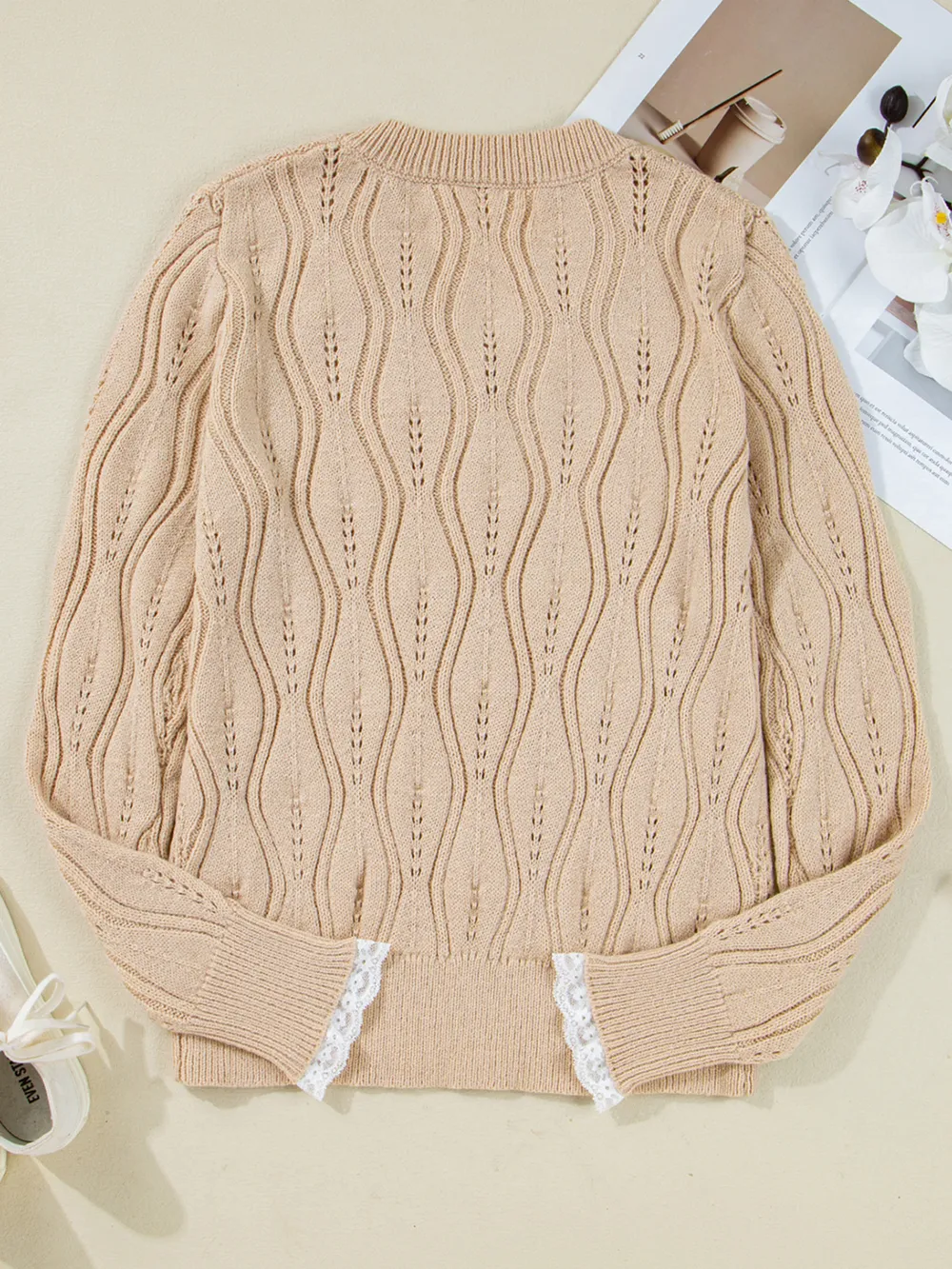 Pearl Beaded Pointelle Knit V Neck Lace Patchwork Sleeve Sweater, image 3