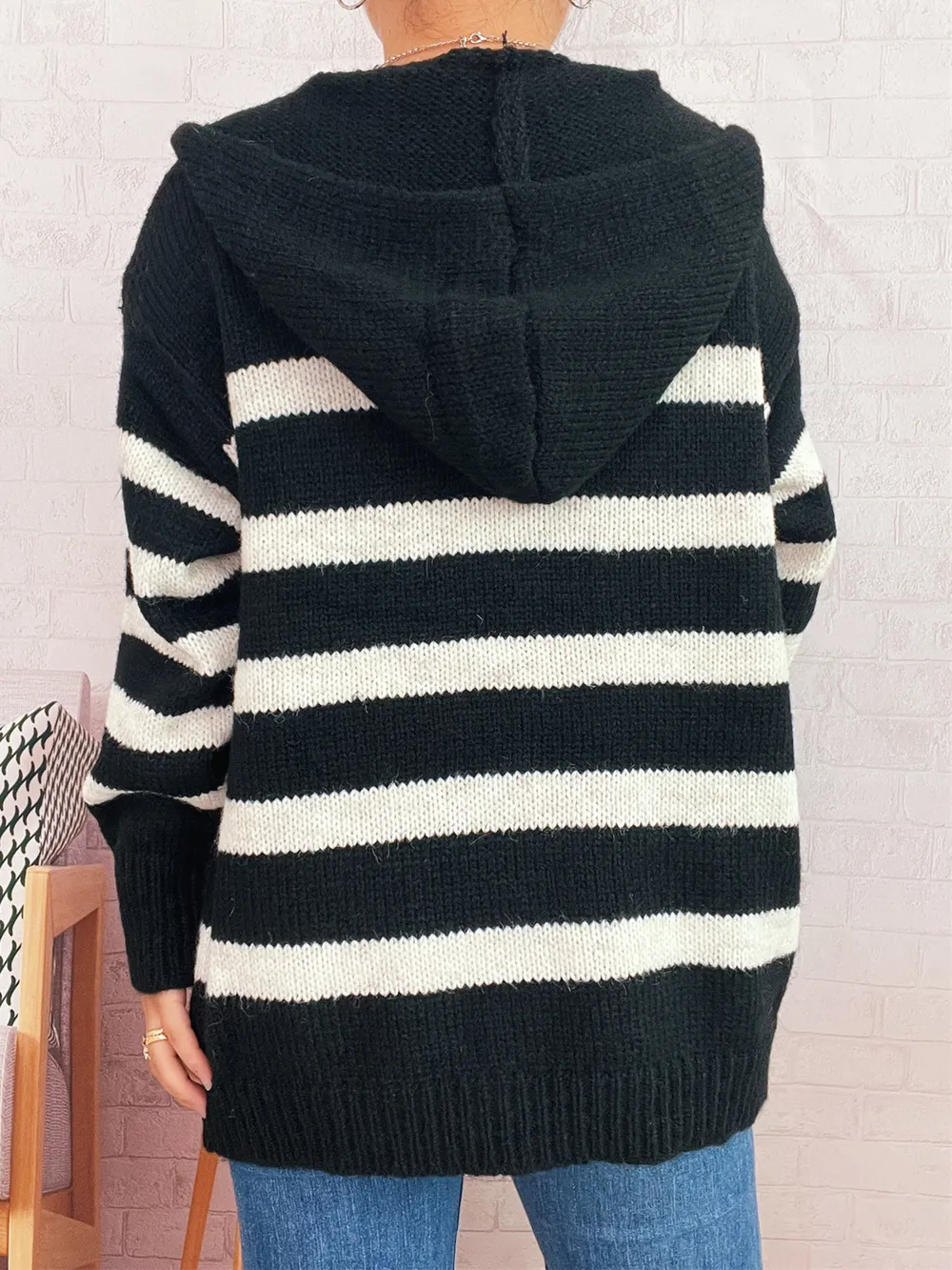 Striped Button-Up Hooded Cardigan, image 12