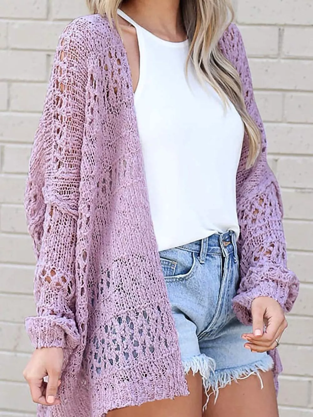 Openwork Open Front Lightweight Cardigan, image 6