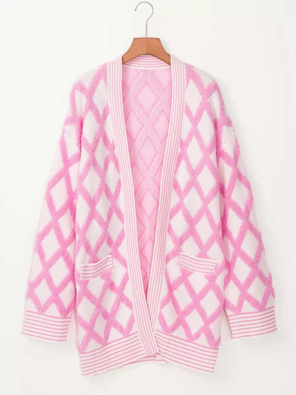 Rhombus Pattern Knit Open Front Pocketed Cardigans, image 8
