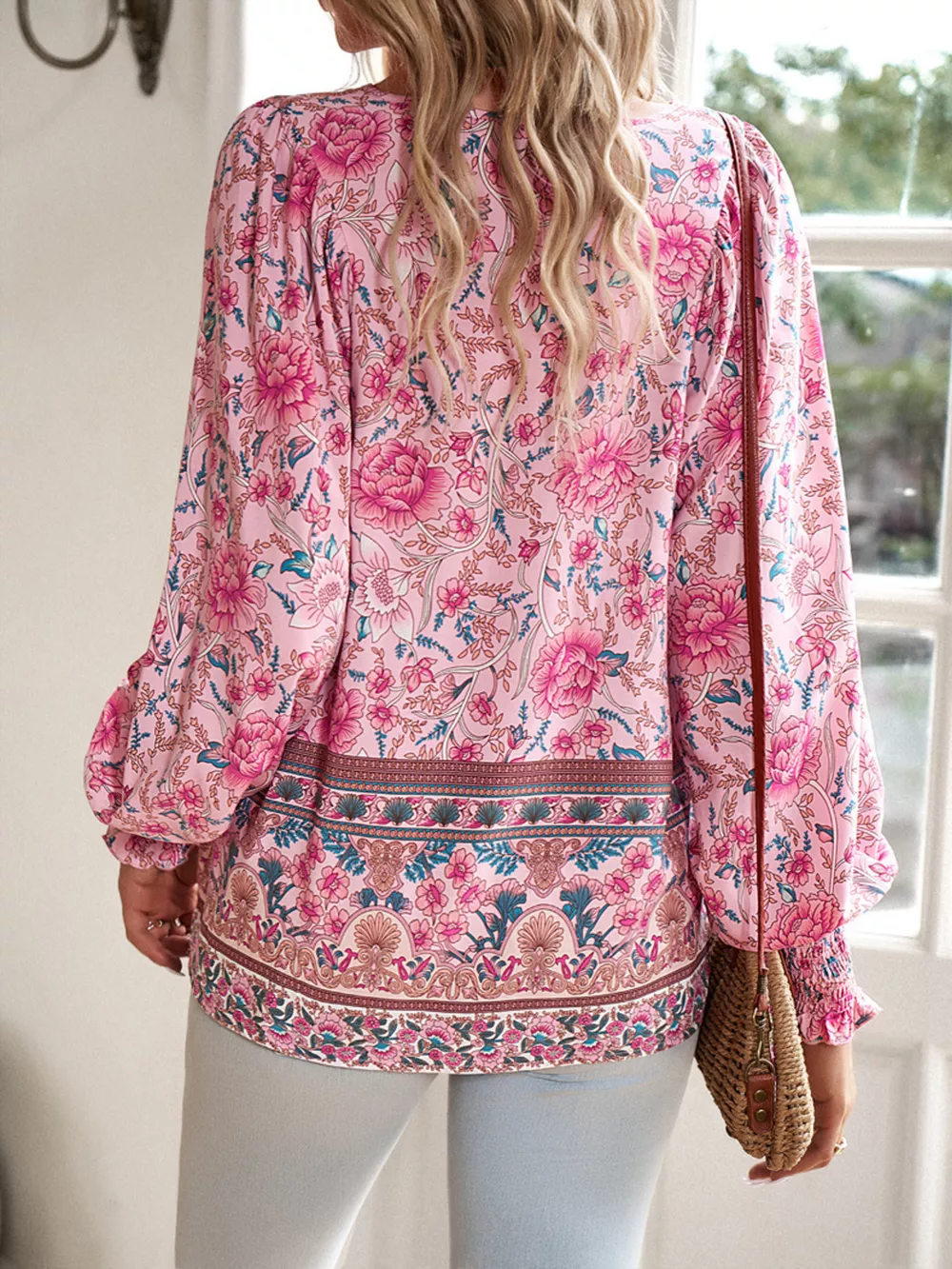 Floral Print Tie-Neck Blouse with Smocked Cuffs, image 7