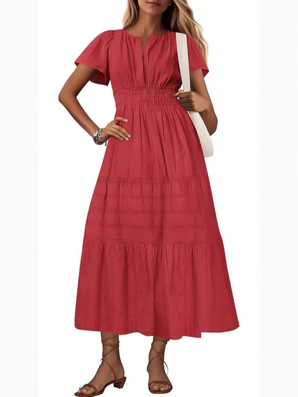 Full Size Short Sleeve Tiered Midi Dress Plus Size, image 14